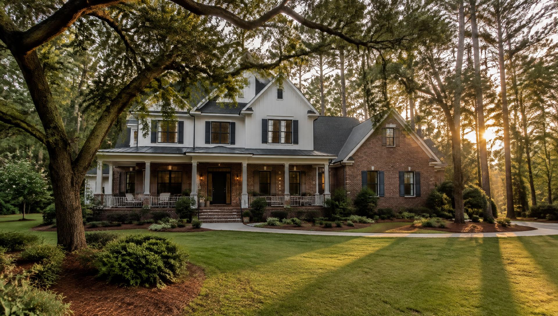Southern brick and white board-and-batten home with a deep front porch beneath mature oaks and pines at golden hour